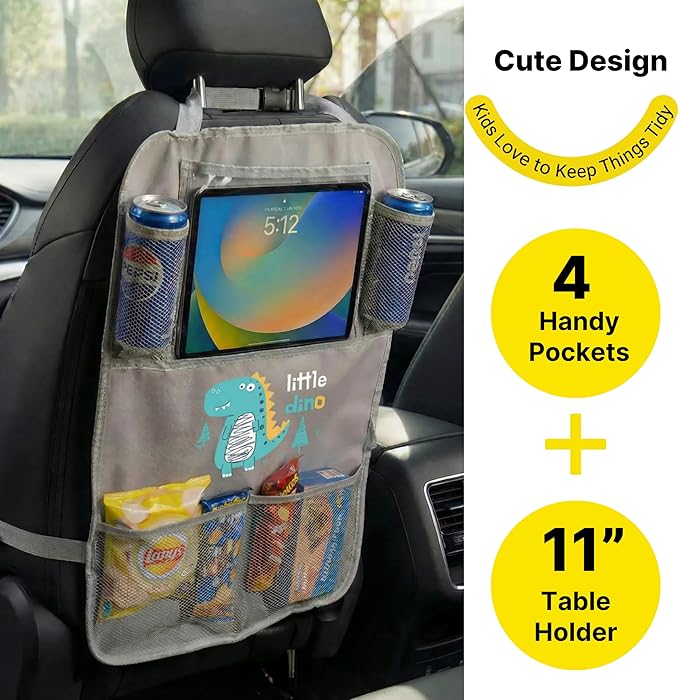 Backseat Car Organizer for Kids, Car Seat Organizer with 11” Touch Screen Tablet Holder, Rear Seat Storage Bag with Drink Pockets, Anti-Kick Seat Back Protector for Travel (Gray Dinosaur)