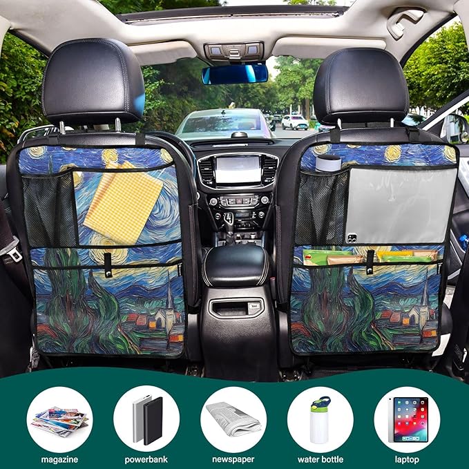 JIPONI Car Backseat Organizer, Van‘Gogh Starry Art Automotive Back Seat Protector, Kick Mats with Storage Pockets for Kids Pets, Road Trip Accessories (2 Pack)
