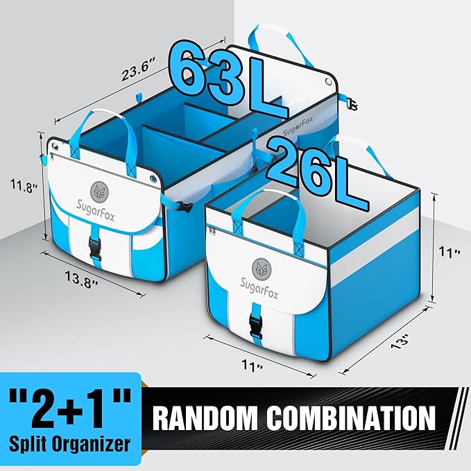 Car Trunk Organizer for SUV - 63L+26L Modular Storage, Heavy-Duty, Foldable Waterproof, Soft & Hard Covers, Non-Slip, Multi-Compartment, Blue M006