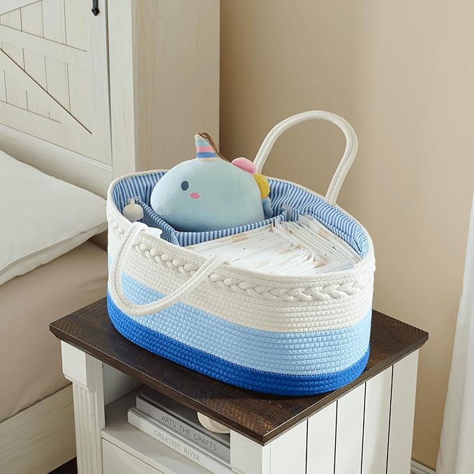 luxury little Diaper Caddy Organizer, Large Cotton Rope Nursery Baby Basket, Changing Table Organizer for Baby Diaper Storage, Portable Car Organizer Removable Divider (Blue, Large)