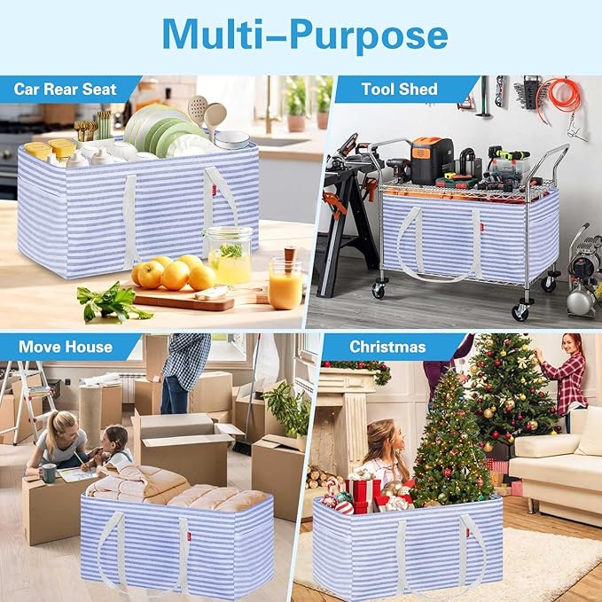 LHZK Standing Extra Large Utility Tote Bag with Metal Wire Frame and the Sides Rinforced, Extra Large Tote Bag with Handle, Reusable Grocery Bags Foldable, Beach Bag, Car Tote (Blue, 26''x15''x13'')
