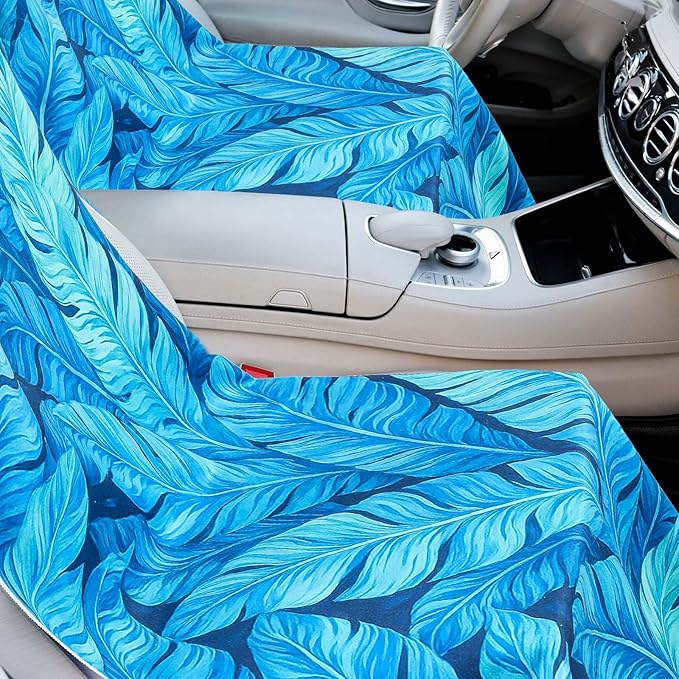 Hahafelt 2 Pack Car Seat Towel Covers with Storage Bag 63 x 32 Inch Athletic Running Towel Seat Sweat Washable Non Slip Cover Gift for Car Outdoor Sport Activities (Blue Leaves)