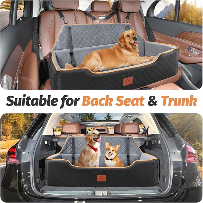 XIEEAOZEE Large Dog Car Seat, Memory Foam Dog Car Bed for Backseat & Trunk, Washable Pet Booster Seat Under 100 lbs or 2 Medium Dogs, Pet Travel Seat with Storage Pockets,2 Safety Belts
