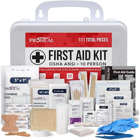 OSHA Compliant First Aid Kit - 10 Person, Type III, ANSI Class A, 111 Pieces Emergency Kit for Business, Office, Home, Workplace, Truck, Car & Construction Site - Latex Free, Wall Mountable | ProHeal