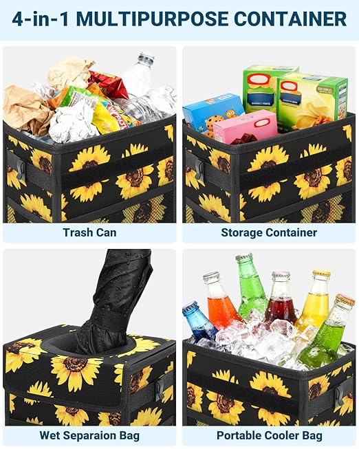 Capolo Car Trash Can with Lid, Leakproof Car Trash Bag Hanging Waterproof Automotive Garbage Can with Storage Pockets Mini Vehicle Trash Bin for Back/Front Seat(Sunflower,3 Gallon)