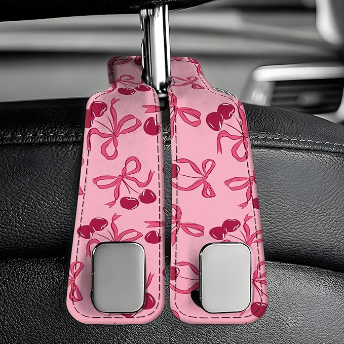 Car Seat Back Storage Headrest Hook, Premium Leather Double Metal Hook, Hanger Storage Organizer for Purse Cloth Bag, Car Interior Accessories Pink Bow Cherry