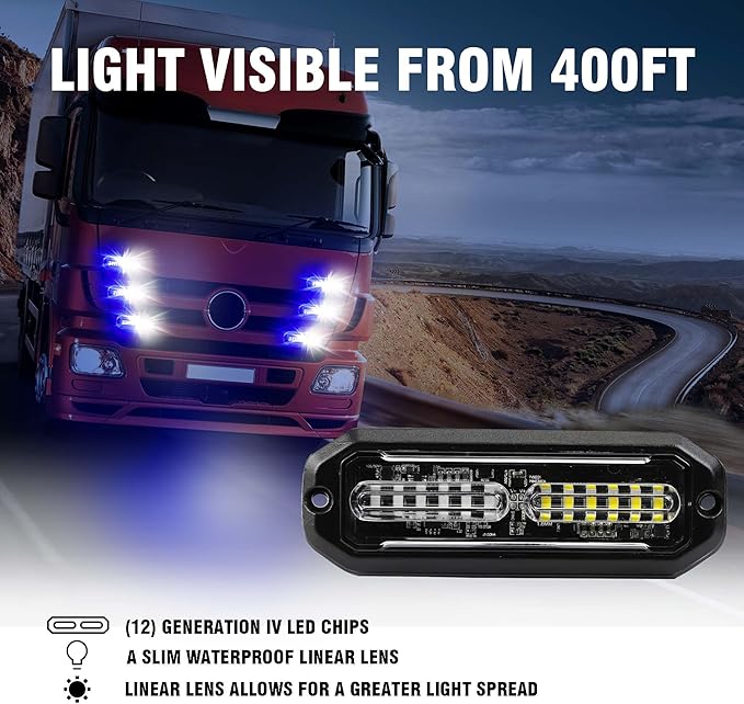 WINECO 8PCS LED Strobe Lights 12V Sync Feature Blue White 12LED Emergency Hazard Warning Lights with Strobe Controller for Trucks Vehicles ATV RV Cars Van