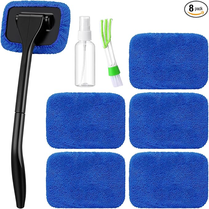 FoldTier 8 Pcs Car Windshield Cleaner Tool Kit with Removable Handle, Microfiber Towel Pads, Brush, Empty Spray Bottle for Auto Glass Wiper Suvs Rvs & Home Windows(Royal Blue)