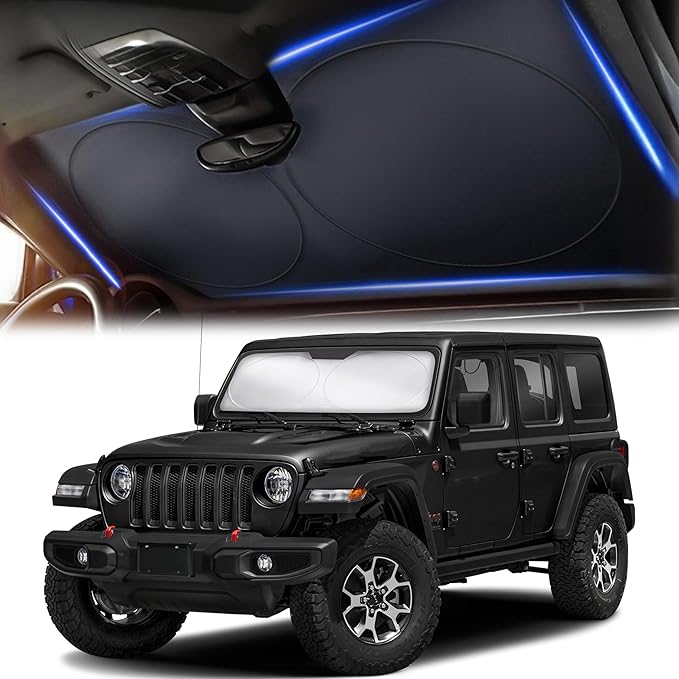 Jeep Windshield Sun Shade - 240T Thickened Material, X-Small (60" x 21"), Windshield Sun Visor Keeps Car Interior Cool, UV Heat and Dashboard Protects, fits with Wrangler, Gladiator and Rubicon