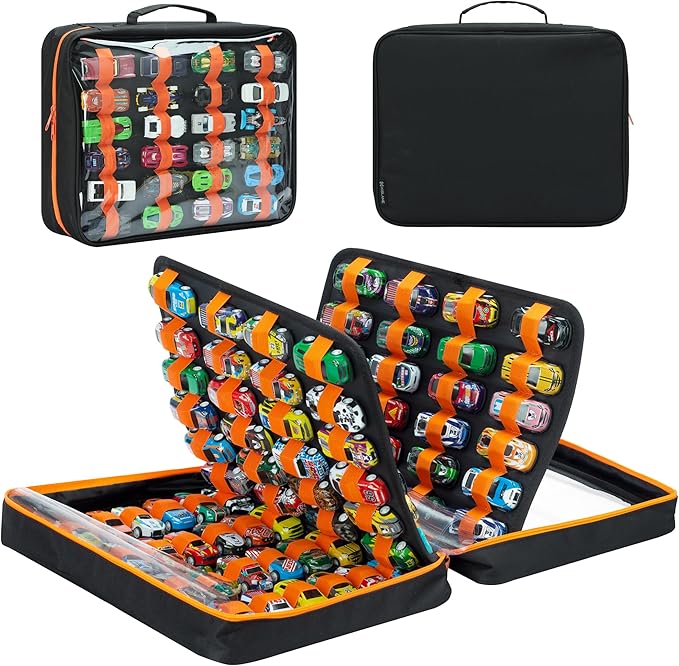 124 Slots Toy Cars Storage Case with Clear Window, Matchbox Cars Storage Holds 124 Diecast Cars, Matchbox Cars Organizer Compatible with Toy Cars, Portable Carrying Case with 5 PE Board Panels (Black)