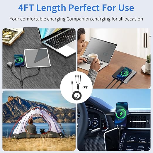 Travel Essentials,Dual Type-C 3 in 1 Multi Charging Cable, 4 FT Universal Charging Cables for All Devices, 2 USB-C/Lightning/Micro USB Port, Compatible with iPhone 17 16/15 Series/Phone/Tablet, Black