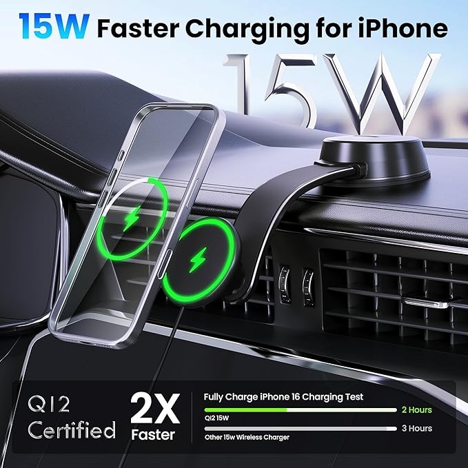 Upgrade [Qi2-Certified] 15W for MagSafe Wireless Car Charger Mount, 2XFast Charging[90+LBS Safe Suction] Magnetic Phone Holder Dashboard Windshield for iPhone 17/16/15/14/13/12 Pro Max,Black