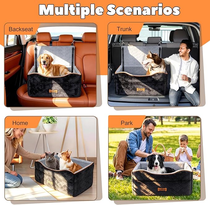 VavoPaw Dog Car Seat for Medium Dog, Dogs Booster Seat Under 50Lbs or 2 Small Dogs Washable, Pet Car Seats with 2 Safety Leashes, Pets Sofa Bed Cushion Add Thick Sponge, Pet Cars Carrier for Travel