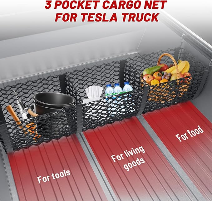 RED WOLF 3 Pocket Cargo Mesh Net for 2024-2025 Tesla Cybertruck Trunk Organizer Netting Rear Bucket Storage Net with L-Track Round Ring D-Carabiner Mounting Hook