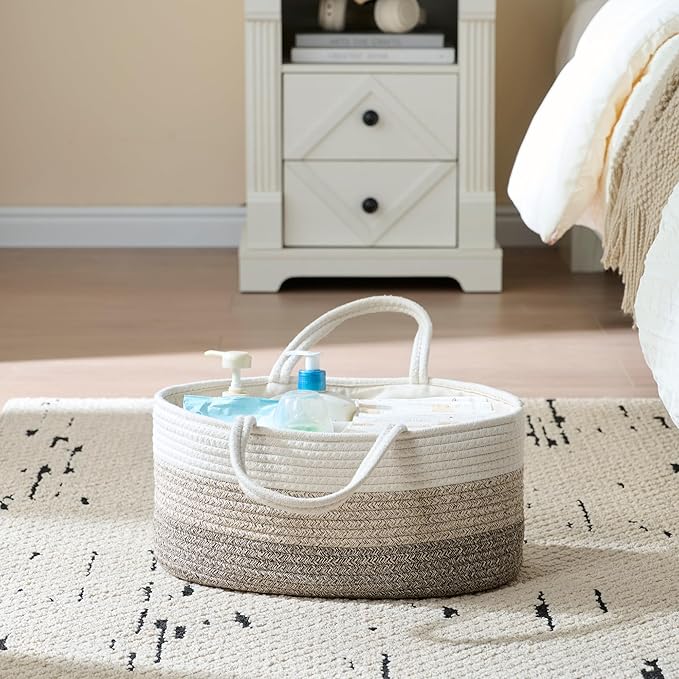 luxury little Diaper Caddy Organizer, Large Cotton Rope Nursery Baby Basket, Changing Table Organizer for Baby Diaper Storage, Portable Car Organizer Removable Divider (Gradient Brown, Large)