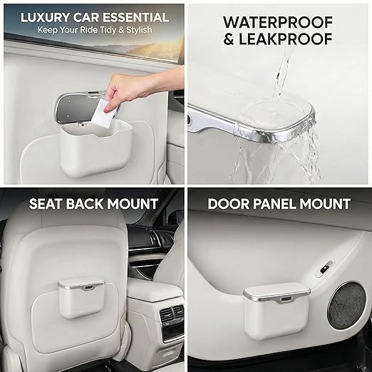 Car Trash Can with Lid - Leakproof Hanging Car Garbage Bin for Door & Seat Back - Waterproof Auto Trash Bag & Multifunctional Storage Organizer for SUV, Truck, Sedan (White)