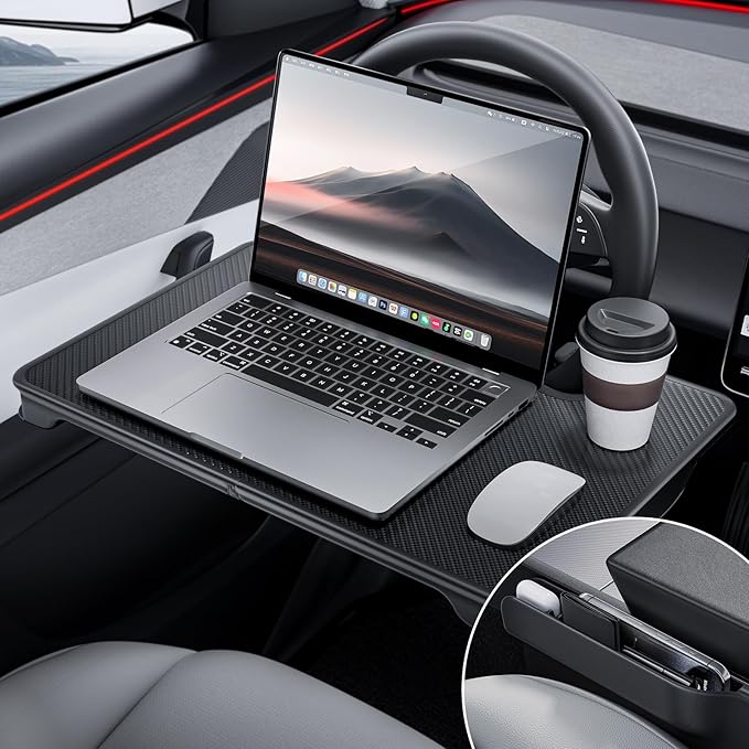 YONZEE 2-in-1 Car Steering Wheel Desk Tray & Car Seat Gap Filler Organizer – Foldable Carbon Fiber Look Table for Laptop, Eating Food, Writing – for Standard Round Steering Wheels