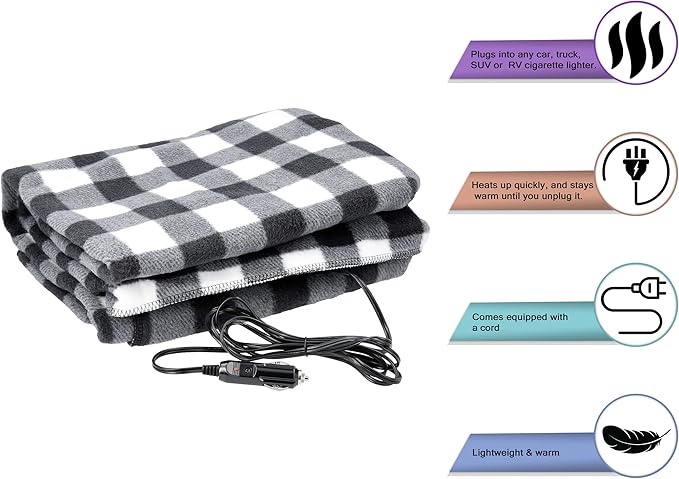 Heated Car Blanket - 12V Electric Travel Blanket for Car, Truck, SUV or RV - Portable Heated Throw for Road Trips, Camping or Winter Emergency Kit for Cold Weather Travel by Stalwart (Black Plaid)