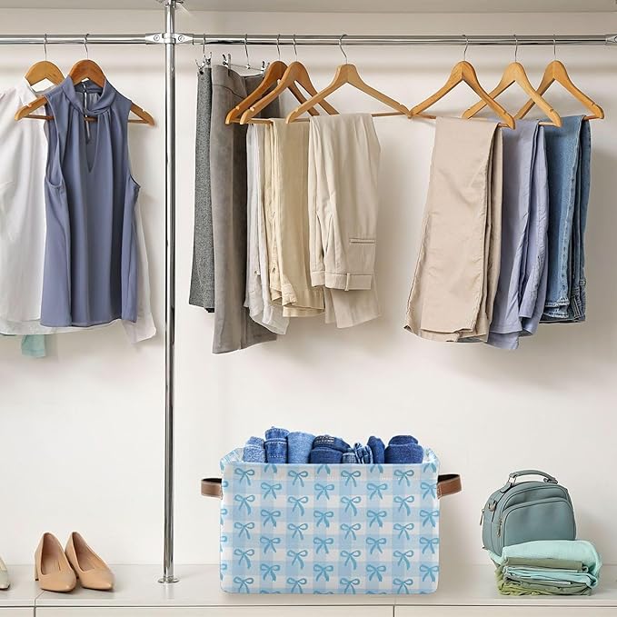 Wamika Bow Blue Storage Basket with Waterproof Liner and PU Handles Bowknot Cute White Storage Bins Boxes 14.2" Collapsible Decorative Organizer Baskets for Bedroom Closet Office 1 Pack