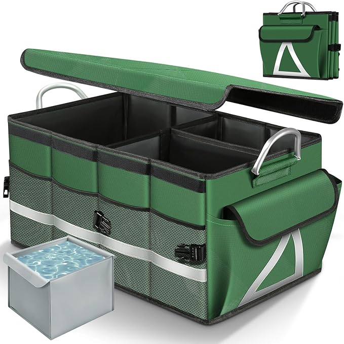 Car Trunk Organizer, Car Storage Organizer with Waterproof Bag Collapsible Multi Compartment Organizer for Car, Suv, Sedan, Truck, Aluminium Handle (Green, Large 66L)