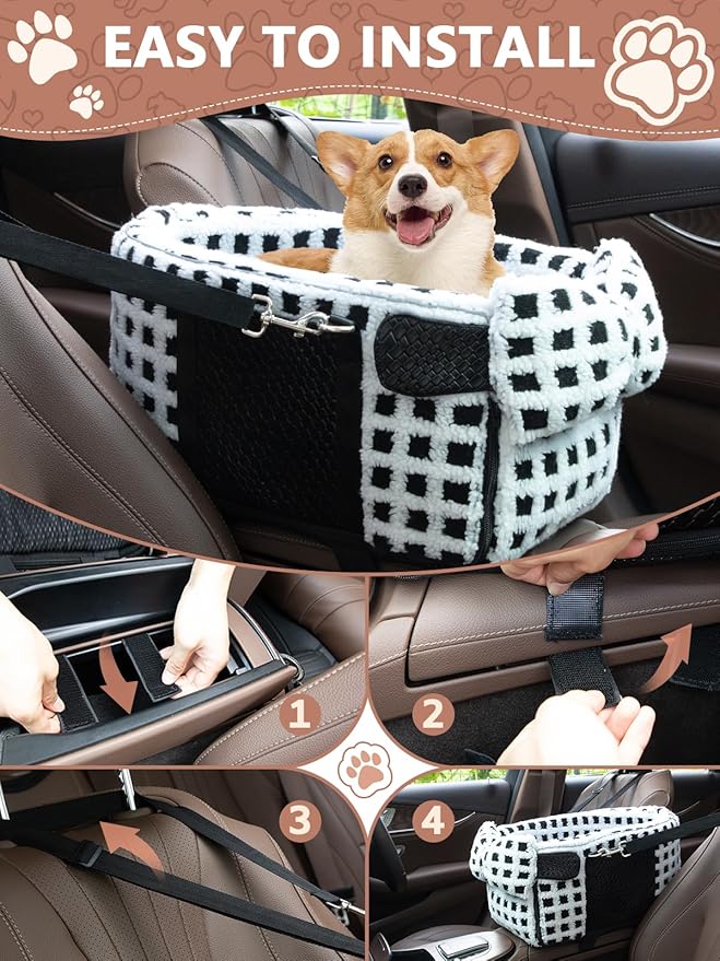 Prpeko Portable Dog & Cat Car Seat - Center Console Booster Seat with Pillow (Grid-White, Under 13 lbs)