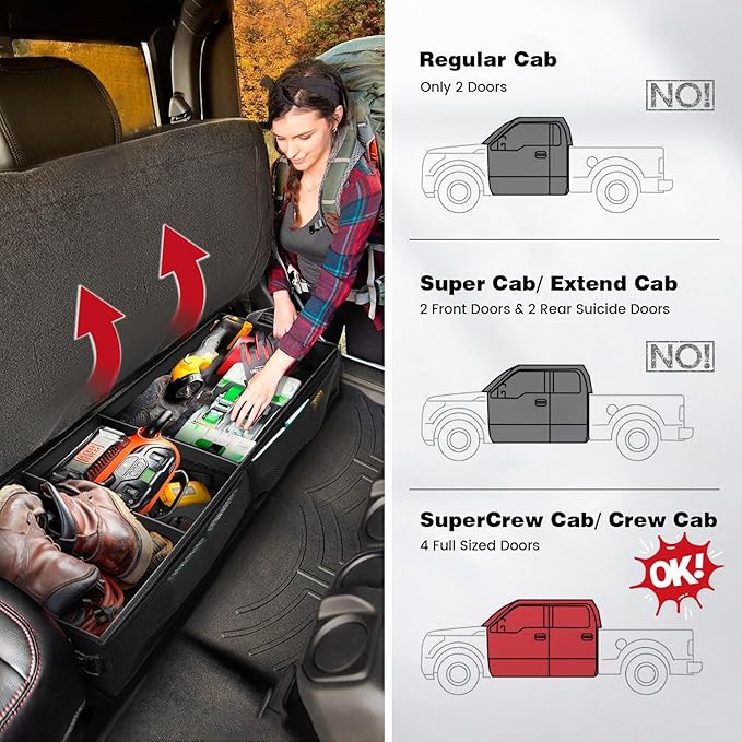 Under Seat Truck Organizer Storage Box with 1 Removable Divider & 5 Storage Mesh Bag, Collapsible Trunk Organizer for Car, SUV, Truck, or Van(Full Size Trucks) Two large storage compartments