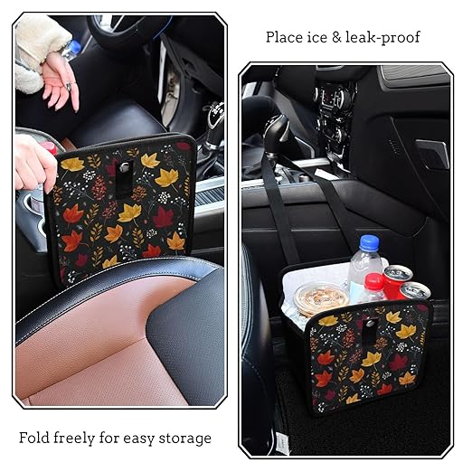 Car Trash Can Organizer Bin with Adjustable Strap for Back Front Seat Console Waterproof Leakproof Collapsible Portable 8.66 Inch Autumn Leaf Pattern Black