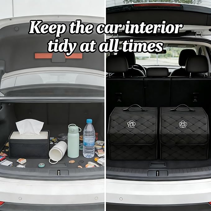 Tissting Car Storage Box, 15.35 x 12.2 x 11.42 inch PU Leather Trunk Suv Organizer with Lid, Black Garage Cargo Organizer for Camping Picnic Shopping