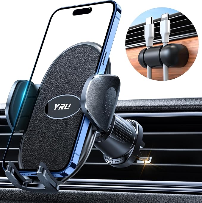YRU Phone Holders for Your Car [2026 Upgraded Military Metal Hook], Cellphone Holder Car[No Fear of Bumps] Vent Phone Mount Truck Compatible with iPhone17 16 15 14 13 12 Samsung Android, Black