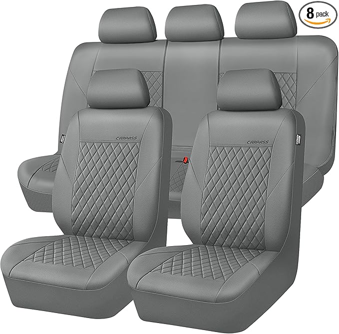 CAR PASS Quilting Faux Leather Seat Covers Full Set, Waterproof Deluxe PU Premium Auto Seat Cover, Breathable Seat Covers Universal Fit for Most Sedan SUV Van Small Truck, Airbag Compatible All Gray