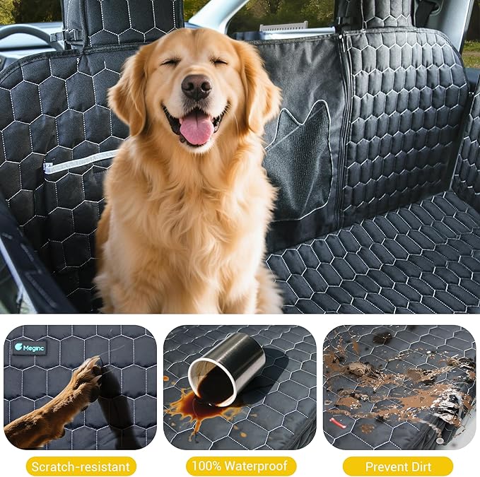 Meginc Dog Seat Covers for Tesla Model Y,Dog Hammock for Tesla with Side Flaps, 100% Waterproof Tesla Model Y Dog Accessories with Mesh Window & Headrest Protector Easy Clean up Pet Car Seat Cover