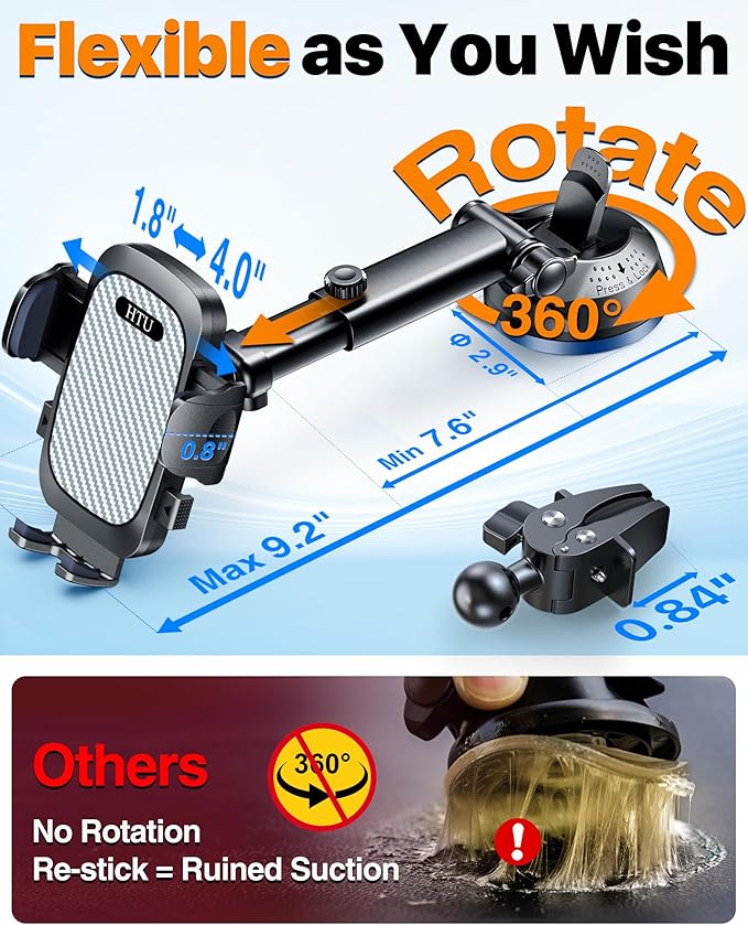 HTU 2026 Ultimate Best【True Military-Grade & Safety Cert】Car Phone Holder【Upgraded 360 Rotation & 100+LBS Strongest Suction】5-in-1 Truck Windshield Dashboard Vent Mount Stand for iPhone Android, Grey