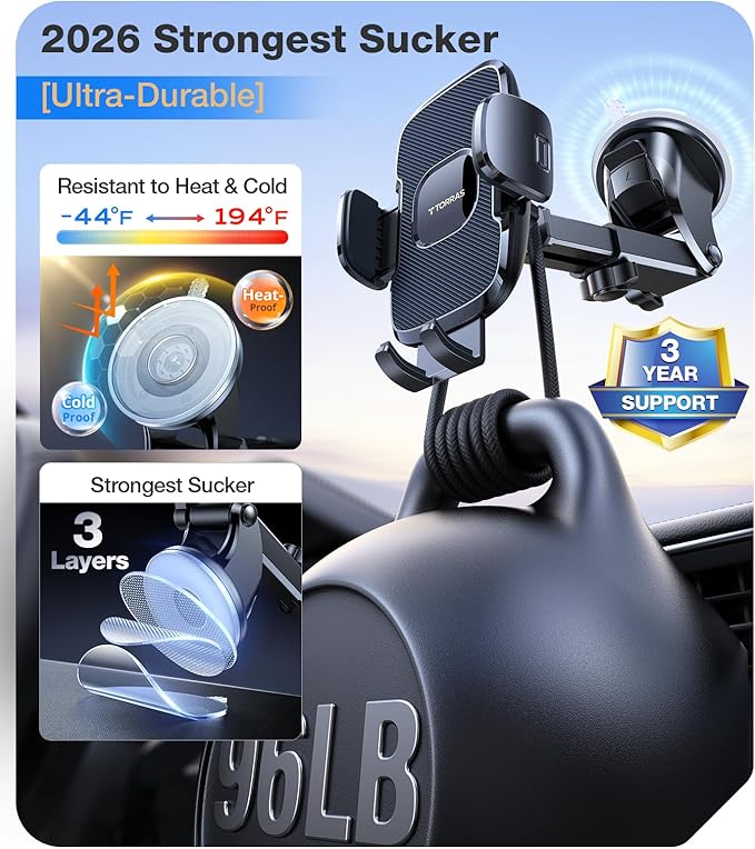 TORRAS 2026【Strongest Suction & Ultra-Durable】 Phone Holders for Your Car,【Patent & Safety Certs】 Car Phone Holder Mount Truck Stand for Dashboard Windshield Vent for iPhone 17 16 15 14 13, Navy Blue