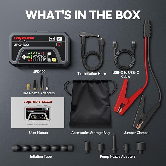 LOKITHOR JPD400 Jump Starter with Air Compressor and Deflator, 3000A Car Battery Jump Starter (9.0L Gas/7.0L Diesel) Jump Box with 150PSI Tire Inflator, 10000mAh Power Bank, LED Light, Jumper Cables
