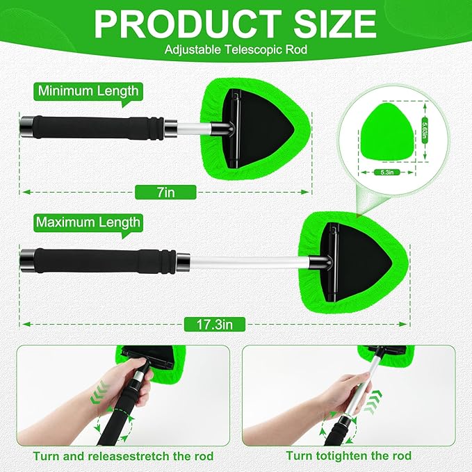 JUSTTOP Windshield Cleaner Tool, Car Interior&Exterior Window Cleaning Tool with Extendable Handle & 4 Reusable Microfiber Pads, Auto Glass Wiper Brush Kit for Cars (Green)