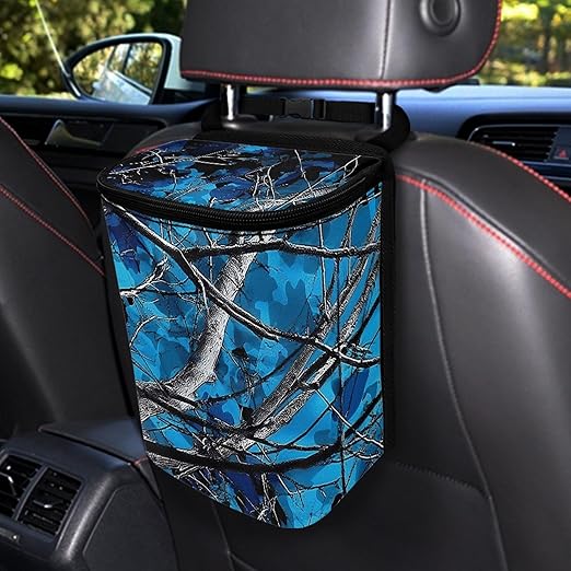 Blue Camo Hunting Car Trash Bin with Lid Car Trash Can Bags Hanging Auto Garbage Bin Storage Bag for Women Men