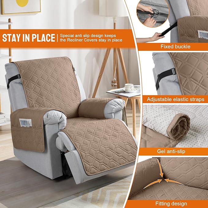 VANSOFY 100% Waterproof Recliner Chair Covers, Recliner Cover Non-Slip Dog Chair Cover Furniture Protector Washable Slipcover with Pocket, Elastic Straps for Pets, Dogs(Light Brown, 25")