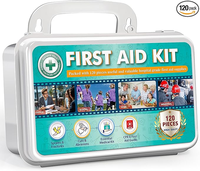 General Medi 120 Pieces Hardcase First Aid Kit - First Aid Box Includes Instant Cold Pack, Emergency Blanket for Travel, Home, Office, Vehicle, Camping, Workplace & Outdoor