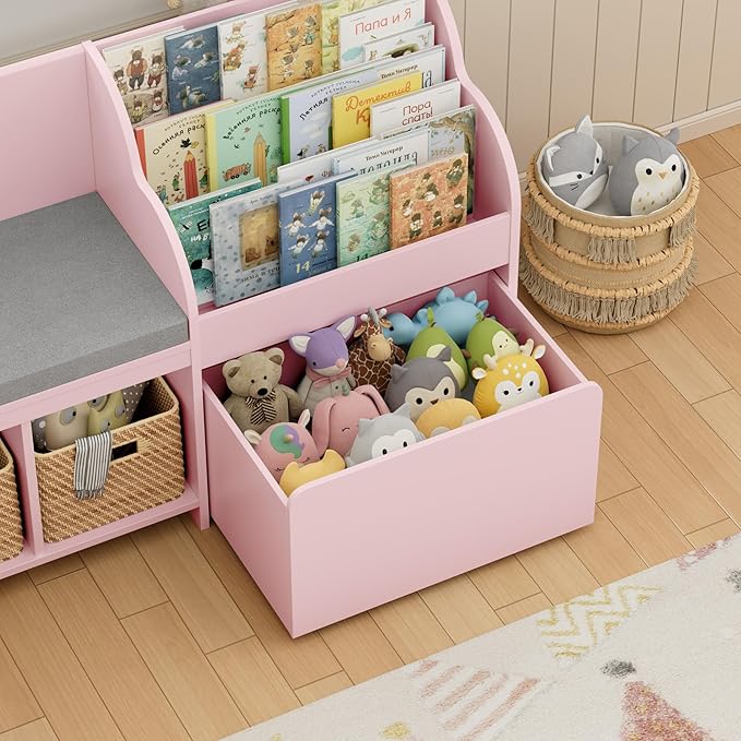 HOSTACK 67" W Kids Reading Nook with Toy Storage Organizer, Large Kids Bookshelf with Toy Storage Box on Wheels, Big Kid Bookcase with Bench and 6 Open Cubbies for Playroom, Kid Room, Pink