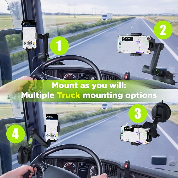 Cell Phone Mount for Truck Phone Holder for Truck Drivers - Heavy Duty Suction Cup + Dashboard Pad, iPhone Holder for Dashboard Window 16.9 inch Long, for iPhone & Samsung, Big Rig Trucker, Black
