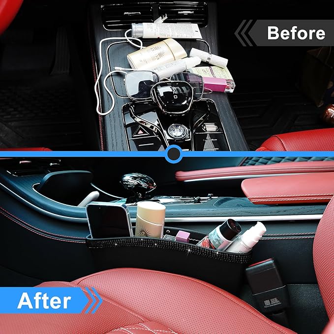 eing 2 in 1 Car Seat Gap Organizer, Front Car Seat Crevice Storage Box, Car Seat Gap Filler with Crystal Diamonds, Adjustable Storage Pocketsfor Glasses, Keys and Phones, 2 - Pack Black