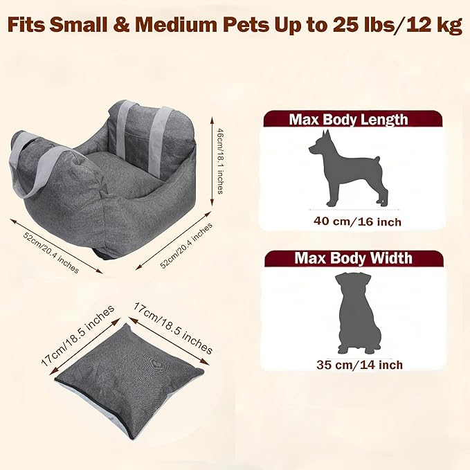 Car Seat for Small & Medium-Sized Dogs & Cats Up to 25 lbs – Cushy, Roomy, Washable, Carrier Seat with Headrest Harness, Seatbelt Anchor, Safety Leash, Storage Pockets & Thick Cushion
