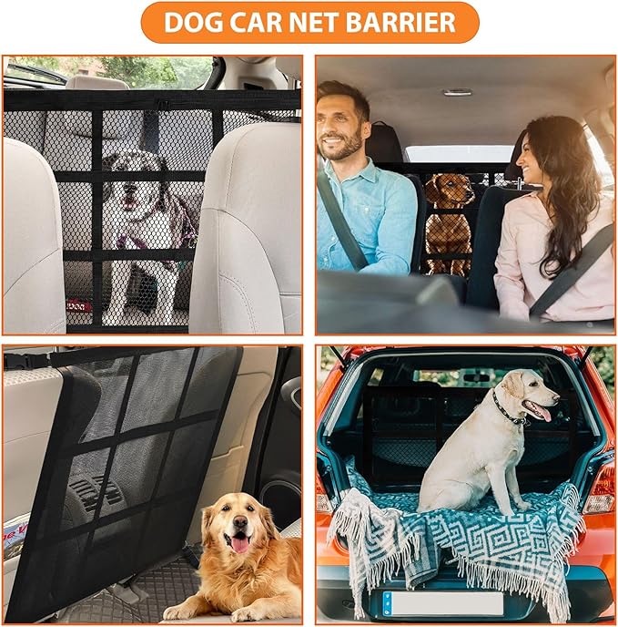 Dog Car Net Barrier,Universal Fit Sturdy Double-Layer Mesh 31.5"x23.6" Car Ceiling Cargo Net Pocket with Flexible Bungee Cords for Seat Movement Easy to Install
