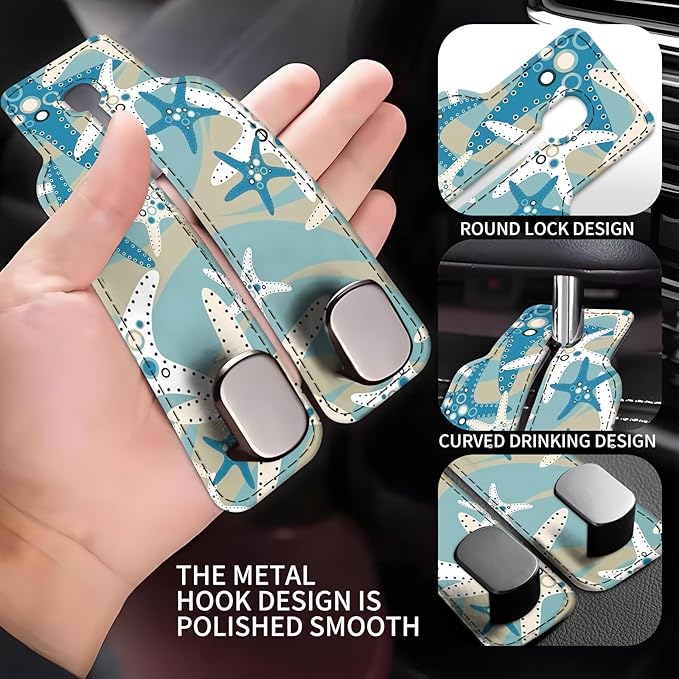 Car Seat Back Storage Headrest Hook, Premium Leather Double Metal Hook, Hanger Storage Organizer for Purse Cloth Bag, Car Interior Accessories Cute Blue Seastar
