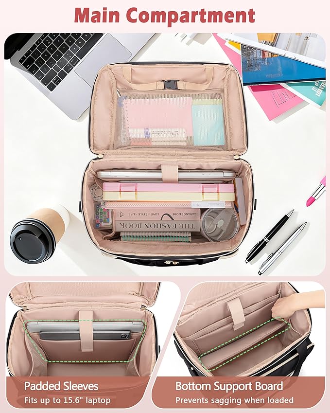 Marscamd Rolling Teacher Bag with Accordion File Organizer & 15.6" Laptop Compartment, Wheeled Work Briefcase Tote with Detachable Trolley & Crossbody Strap for Women, Black