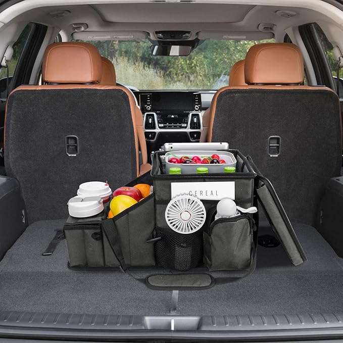 Car Organizer for Front Seat Organizer and Storage, Collapsible Car Caddy, Passenger Seat Organizer with Partitions & Cup Holders, Car Organization for kids and Adults (Grey)