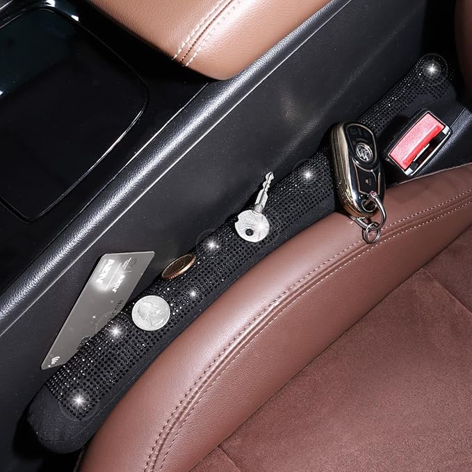 Briwill Bling Car Gap Filler - 2 Pack Crystal Rhinestone Diamond Black Bling Car Accessories for Women, Gap Blocker Universal fit for Trucks, SUVs, Girly Car Accessories Interior Aesthetic, (Black)