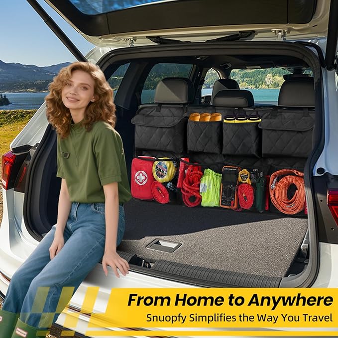Car Trunk Hanging Organizer 3D Textured (Extra-Long), Cotton-Padded Farewell to Collapse, Reinforced Stitching, Extra-Wide Pocket, Backseat Grocery Storage Bag with 8 Pockets for SUV,Truck,Van