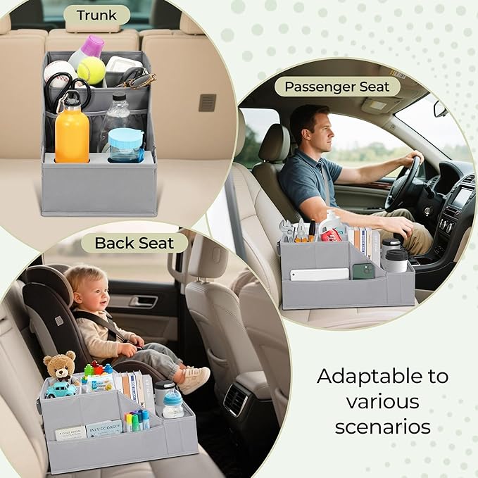 Easi Foldable Car Seat Organizer With 12 Storage Compartments 2 Metal Cup Holders, 2 Pack Back Seat Car Organizer For Car Accessories, Front Seat organizer For SUV Truck Van Sedans, Gry