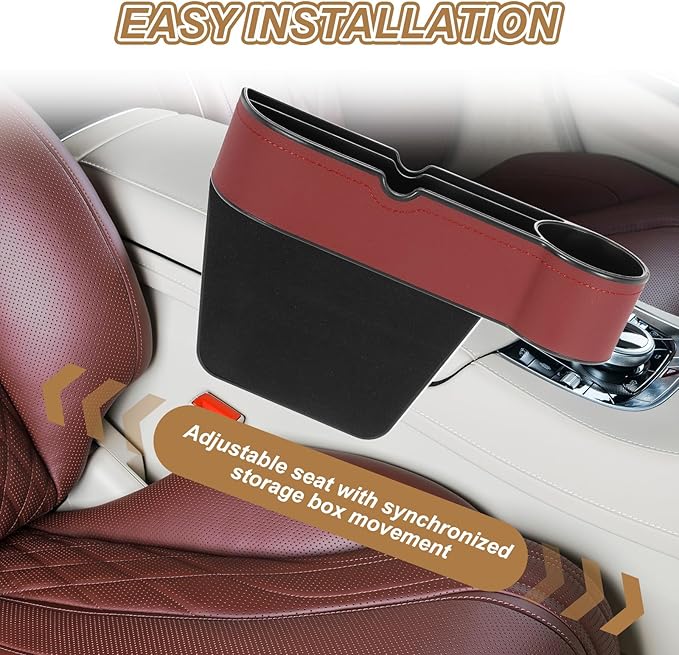 HARFINGTON Car Seat Gap Filler Organizer 10.6 x 7.1 x 2.8 Inch ABS+Leather Universal Car Organizer Storage Box Between Seat and Console (Left) with Cup Holders for Phone Keys, Wine Red